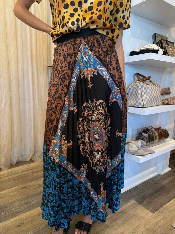 Sandro Size 0 Black Paris Pleated Printed Satin Midi Skirt
