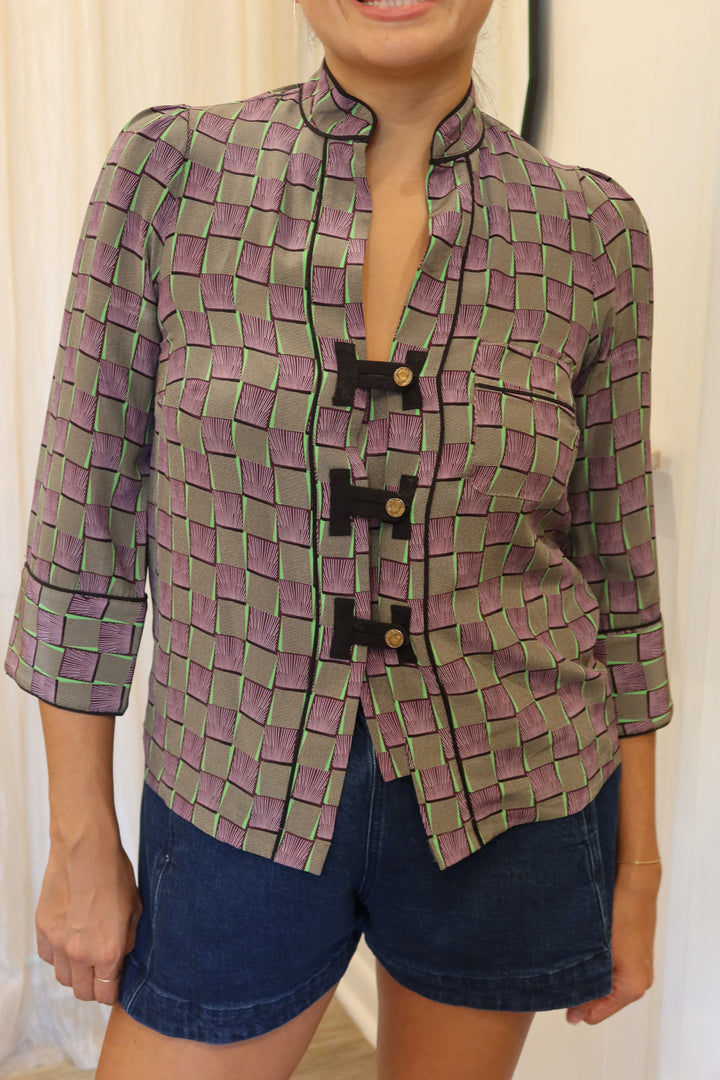 Mayle Size 0 Purple Checkered Silk Blouse