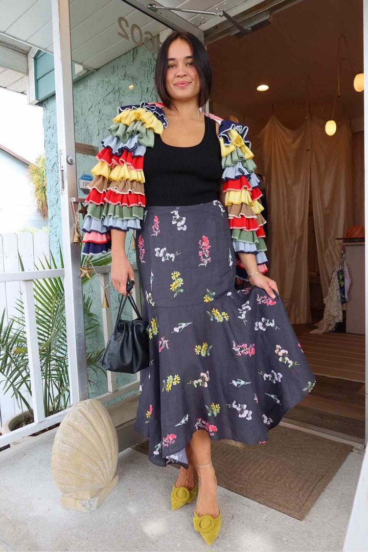 Karina Size Large Black Linen Midi Skirt