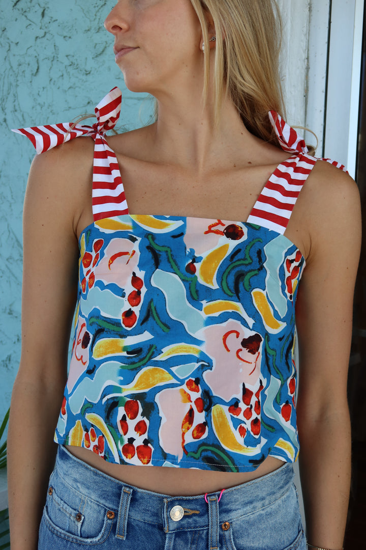Buru Size XS Multi-Color Cropped Tie Shoulder Top