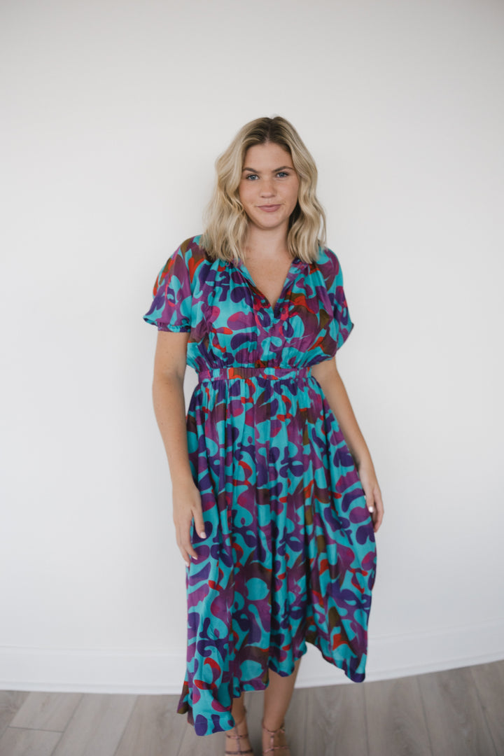 Shine Silk Print Midi Dress