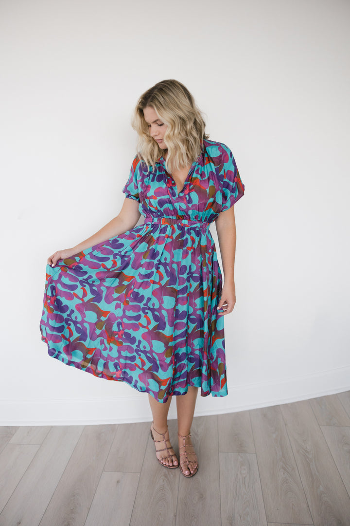 Shine Silk Print Midi Dress