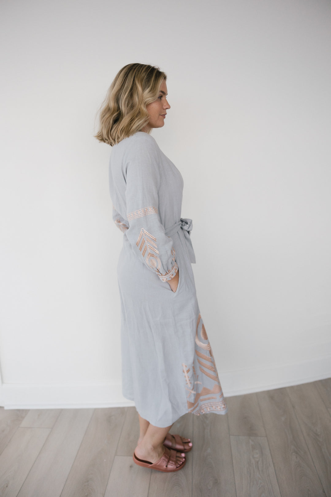 Greek Archaic Kori embroidered belted maxi