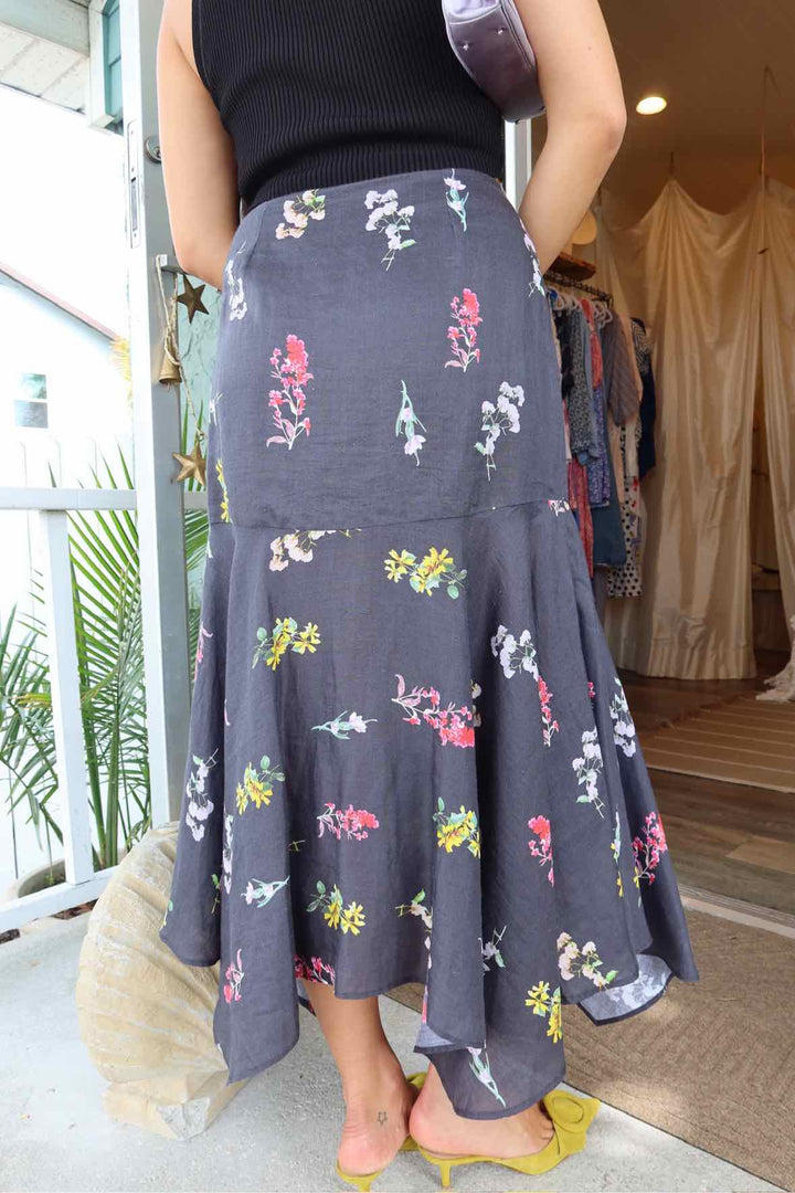 Karina Size Large Black Linen Midi Skirt