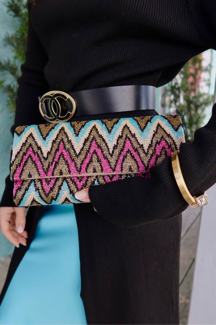 Deepa Gurnani Pink + Blue + Gold Zig Zag Clutch Purse